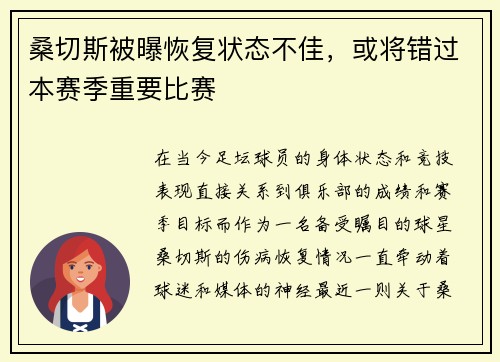 桑切斯被曝恢复状态不佳，或将错过本赛季重要比赛